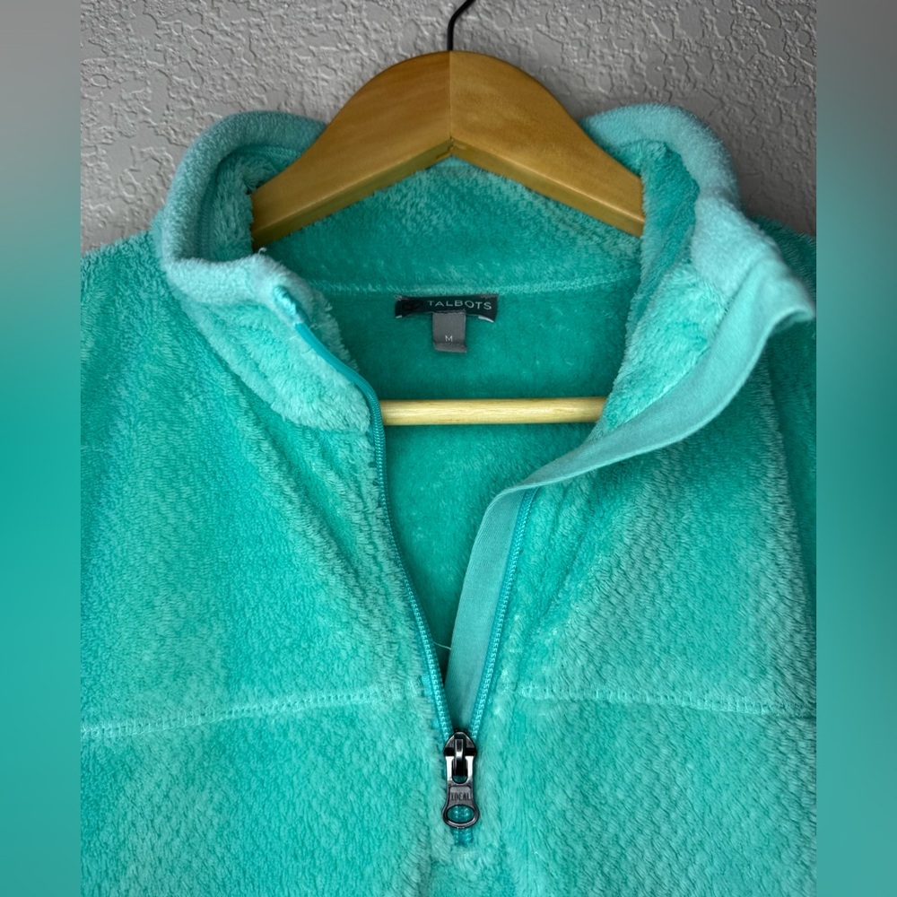 Talbots Aqua Teal Quarter Zip Fleece Pullover Medium Cozy Kangaroo Pocket - Picture 5 of 8